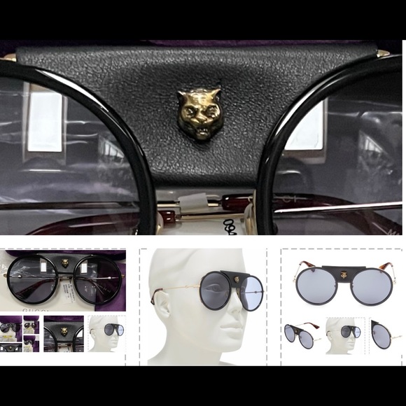 GUCCI UNISEX ROUND SUNGLASSES WITH DETACHABLE BLACK LEATHER & LOGO TIGER HEAD - Picture 9 of 16